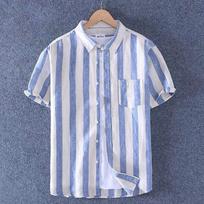 Men's Plus Size Spring and Summer Casual Short-sleeved Striped Short-sleeved Shirt Business Short-sleeved 3XL mėlyna