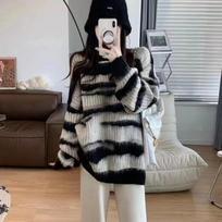 Rudens Naujas Ilgomis Rankovėmis Minkštas Moherio Megztinis Moterims Žiemos Šiltas Apvaliu Kaklu Dryžuotas Megztinis Moterims Mada Elegantiškas Didelio Dydžio Mezgimas 24786 One Size gray