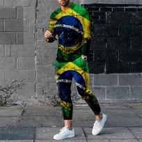 Men's 3D printed long sleeved set Brazil/France/Spain flag sportswear long sleeved pants 2-piece set men's sportswear clothing M