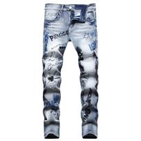 Trendy Men Hip-hop Street Style Daily Super Cow Front And Back Heavy Embroidery Elastic Slim Fit Small Straight Leg Jeans Men 28 šviesiai mėlyna spalva