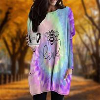 New In Autumn Rainbow Bee Print Plus Size Dress Women O'neck Long Sleeves Casual Pocket Dresses XS violetinė