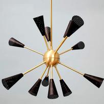 Perforuotas žalvarinis „sputnik“ lubų šviestuvas, turintis 12 pajuodusių kūgių, puikiai tinka visų tipų kambariams / restoranams ir biurams 50 cms Diameter auksinė
