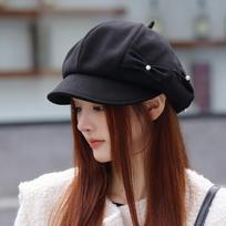 Chic Women's Beret with Cute Bow & Faux Pearl Accents - Breathable, Versatile Octagonal Painter Cap for Daily Wear, Sun Protection ONE  SIZE juoda