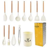 12 vnt. Silikoninių indų rinkinys Nelipnus virtuvės reikmenys medinė rankena Mentele Kastuvas Kiaušinių plakikliai Virtuvės reikmenys Virtuvės priedai 12-Piece set white