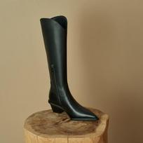 Krazing Pot Cow Skin Autumn Winter Shoes Med Heels Equestrian Boots Pointed Toe European Keep Warm Slip on Knee Boots 34 juoda