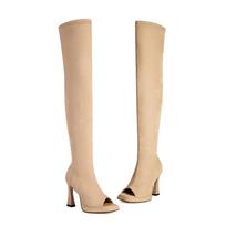 Sexy Faux Suede Over The Knee Thigh High Boots Platform High Heels Peep Toe Side Zipper Women Elastic Long Boots Plus Size 34-46 7.5 black