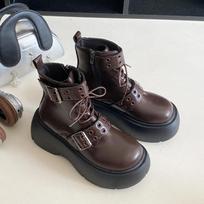 Platforminiai aukštakulniai aulinukai moterims, odiniai gotiški batai, naujo prekės ženklo mada, motociklininko batai, madingi, rudeniniai žieminiai moteriški aukštakulniai 35 black