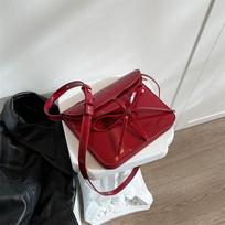 Fashion Red Patent Leather Small Square Bag High-end Glossy Texture Bowknot Underarm Bag Cute Korean Girls Summer Crossbody Pack (20cm<Max Length<30cm)