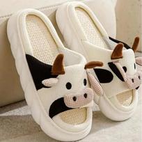 Fashion Cartoon Cute Frog Linen Slippers for Women Thicken Bottom Home Shoes Cotton Linen Couple Indoor Slippers Fun Home Slides 36-37 smėlis