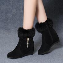 Fashion [Real Rabbit Fur] Wedges Boots for Women Autumn and Winter New Fur Boots with High Cotton All-match Warm Black Boots 5 juoda