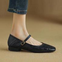 Fashion Women Flats Mary Jane One Strap Buckle Shoes Woman Sheepskin On Flat Heel 2CM French Style Spring Autumn Vintage Simple Shoes 34 juoda