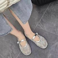 Fashion Women's Rhine-diamond Mesh Breathable Mary Jane Single Shoes Autumn New Soft Sole Non-slip Flat Shoes 35 sidabras
