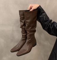 Madingi moteriški ilgaauliai batai Ruduo Žiema Moteriški batai Madingi moteriški įsispiriami raukiniai žemu kulnu apvaliu pirštu plokščiapadžiai ilgi batai Botas De Mujer 40 ruda