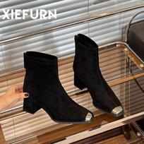 Fashion Square-toe Fashion Goth Ankle Boots Woman Designer Sexy Dress Suede High Heels Women Shoes Winter Trend Chunky Pumps Snow Boots 35 juoda