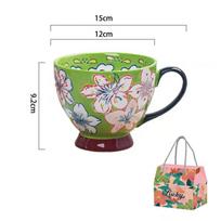 1 vnt. 500 ml keraminis kavos puodelis, didelės talpos, rankomis tapytas gėlėmis, buitinis, biurui, kūrybinis gėrimo vandens puodelis, motinos dienos dovana 500ml gray