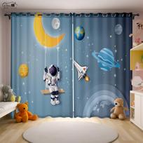 Cartoon Universe 3D Printing Curtains Spaceman Astronaut Spaceship Rocket Planet Alien Bedroom Children's Room Curtains 2PCS W50xH130(CM)x2PCS&Rod pocket black