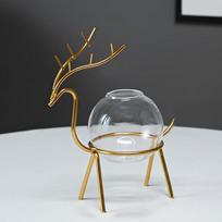 Terrarium Hydroponic Plant Vases Flower Pot Transparent Vase Iron Deer Frame Glass Fish Tank Home Tabletop Plants Bonsai Decor gray