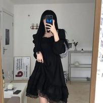 Mergaičių princesės vakarėlis Ruched Fairy Grunge Suknelės ilgomis rankovėmis Moteriška gotikinė raukinių suknelė S juoda
