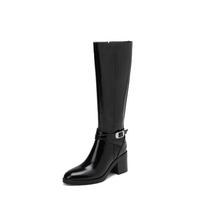 Krazing Pot Cow Leather Full Grain Leather Autumn Winter Shoes Chunky Heels Big Size 46 Leather Metal Buckle Women Keep Warm Thigh High Boots 34