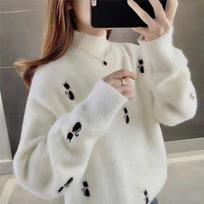 Half-high Collar Mink Fleece Women's Autumn and Winter Korean Embroidered Loose Thick Knitted Bottoming Shirt XXXL balta