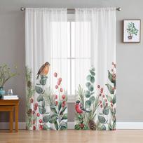 Christmas Eucalyptus Berries Robin Sheer Curtains for Living Room Decoration Window Curtains Kitchen Tulle Voile Curtains W135 x H115cm x1 white