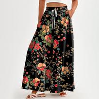 Moteriškos kelnės aukštu liemeniu plačiomis blauzdomis Laisvalaikės Flowy Palazzo Pants kelnės su gėlėmis su kišenėmis L juoda