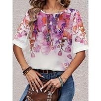 Ladies Summer Casual Printed Slim Round Neck Top S balta