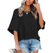 BITCED Spring Summer Women's Patchwork Solid Colour Flare Sleeve Casual Loose T-Shirt Top S juoda