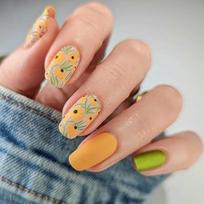 Matte Reusable Artificial Fake False Mustard Color Flower Design with Green & Black Color Press on Nails 24 Pieces Set with Kit 24 Pieces brown