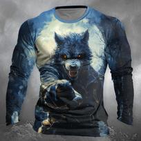 Fashion Wolf Pattern Men's Long Sleeve T-shirt Autumn New Casual O-neck  Pullover Funny 3D Animal Print Tops Unisex Clothes S gray