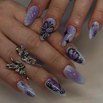 Purple Smudge 3D Love Nails Short Almond Manicure Fake Nails Butterfly Star Nails Nail Patch