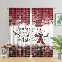 2 pieces, Christmas snowman checkered curtains -30% blackout - suitable for living room, bedroom, kitchen, home decoration W150CM H166CM&Rod pocket