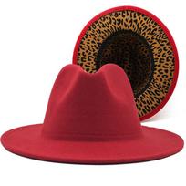 New Thickened Top Hat, Double-Sided Solid Color Jazz Hat, Large Eaves, Double-Sided Woolen Leopard Print Inner Hat. M（56-58cm） raudona