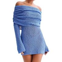 Lady Dress Shawl Collar Long Horn Sleeves Elastic Solid Color Skinny Sheath M mėlyna