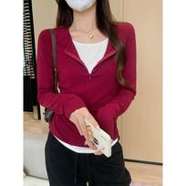 Black stitching contrasting fake two-piece long-sleeved T-shirt for women in autumn half-zip design niche unique top S