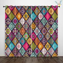 2PC fully blackout perforated polyester curtain, double-sided matte, anti pilling, soft, smooth, ethnic style, diamond grid 150x166cm&Grommet Top