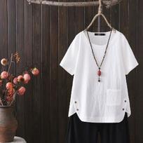 Summer Tops Casual Simple Literary Retro Solid Color Loose Short-sleeved T-shirt Women's 3XL balta