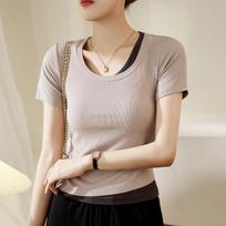 Splicing Contrasting Color Fake Two-piece T-shirt Women's Short-sleeved Summer New Slim-fitting and Thin Bottoming Shirt M