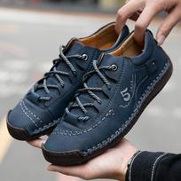 Men Driving Shoes Blue Leather Casual Shoes Handmade Outdoor Hiking Shoes Flats Plus Size 38 mėlyna