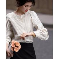 Cold Korean Feng Qiu Breathing Cloud Cotton Stripe Shirt Covering Meat Easy To Wear Shirt Women's Top S balta