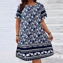 Women's Summer Maxi Dress 2025 Floral Wrap V Neck Puff Short Sleeve Ruffle Beach Resort Long Dresses XXL tamsiai mėlyna spalva
