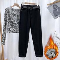 Women's Plush High-Waist Slim-Leg Jeans - Warm, Loose-Fit, Nine-Point Harem Style (Autumn/Winter 2021) XL