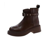 British Style Platform Side Zip Botas Mujer 2024 Autumn New Retro Thick Heel Belt Buckle Western Short Boots Casual Women Shoes 35 ruda