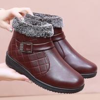 Cosy faux fur hem ankle boots mother winter shoes for women buckle deco leather short boot ladies black flat booties warm plush CN 35 (225) vyno raudonos spalvos