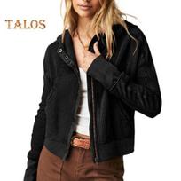 Women's Waffle Knit Hoodie Jacket Zip Up Long Sleeve Cropped Sweatshirts Casual Ribbed Short Jackets with Pockets L juoda