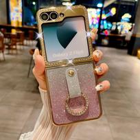 Galvanizuotas žiedas su deimanto intarpu telefono dėklas, skirtas Samsung Galaxy Z Flip 6 5 4 3 Flip6 Flip5 Flip4 Flip3, gradientinis apsauginis dangtelis For Samsung Galaxy Z Flip 5