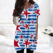 Womens Tops V-neck Short Sleeve Blouses Casual Mid-length Shirts Fashion Independence Day Print Tunic Tops With Pockets L mėlyna