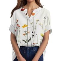 Women's Cotton Linen Round Neck Short Sleeve With Button Tops Printed T-shirt L smėlis