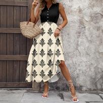 Women's Casual And Fashionable V-neck  Sleeveless Printing Mid Length Dress L smėlis