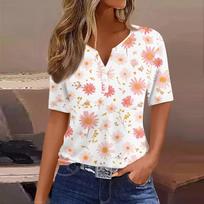 Women's T Shirt Print Button Short Sleeve Daily Weekend Fashion Basic V-Neck Regular Top L karšta rožinė spalva